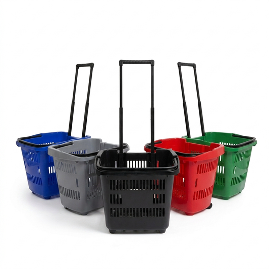 31L Shopping Basket with Wheels & Extendable Telescopic Handle – Plastic Rolling Basket – 5 Colours
