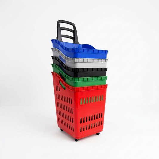 68L Shopping Basket with Wheels & Extendable Telescopic Handle – Plastic Rolling Basket – 5 Colours