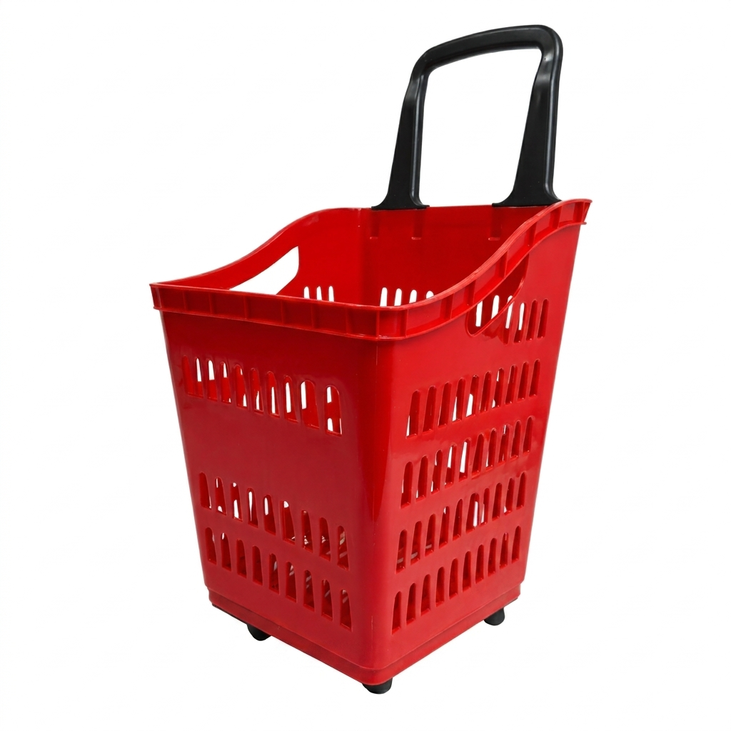 68L Red Shopping Basket with Wheels & Extendable Telescopic Handle – Plastic Rolling Basket