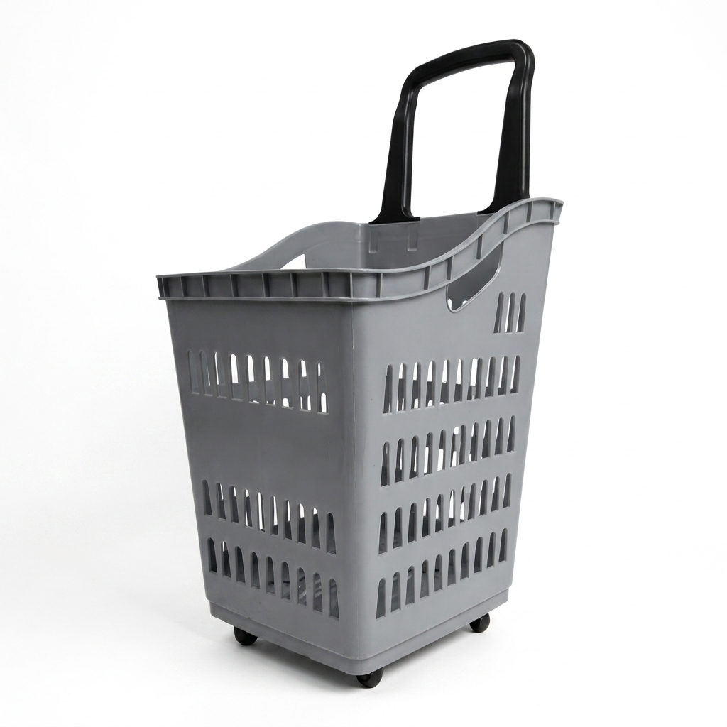 68L Grey Shopping Basket with Wheels & Extendable Telescopic Handle – Plastic Rolling Basket