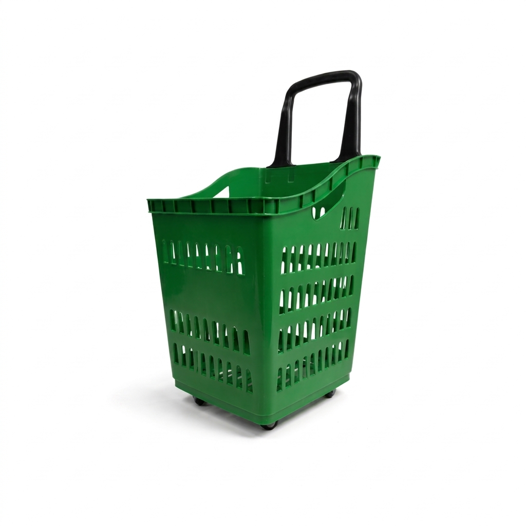 68L Green  Shopping Basket with Wheels & Extendable Telescopic Handle – Plastic Rolling Basket