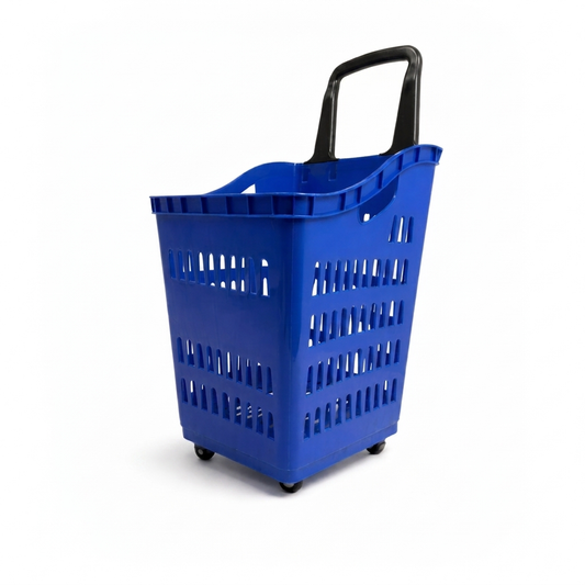 68L Blue Shopping Basket with Wheels & Extendable Telescopic Handle – Plastic Rolling Basket