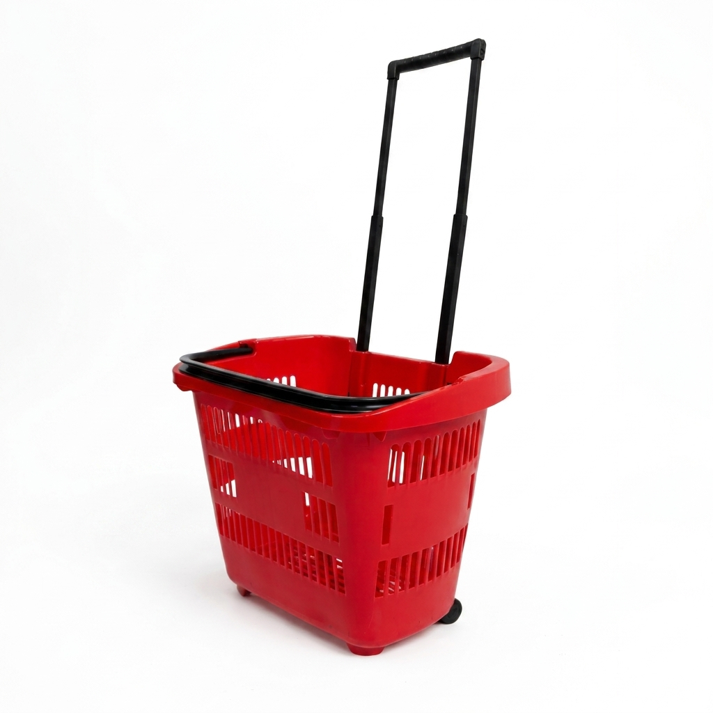31L Red Shopping Basket with Wheels & Telescopic Handle – Plastic Rolling Basket