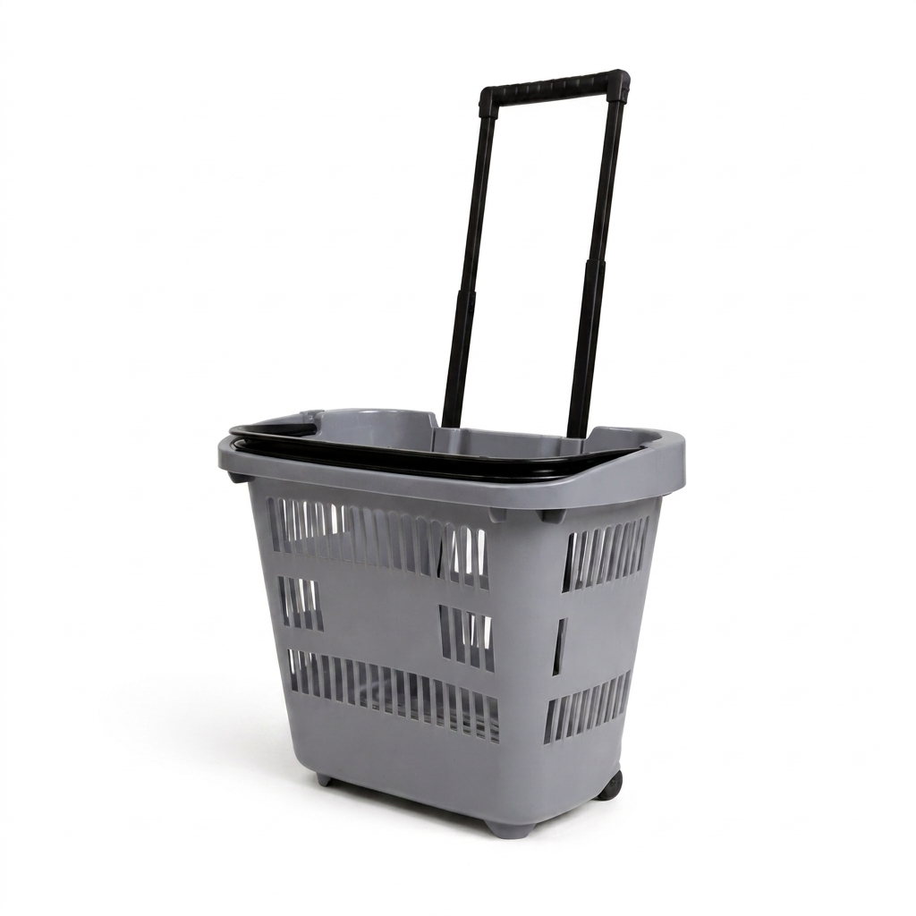31L Grey Shopping Basket with Wheels & Telescopic Handle – Plastic Rolling Basket