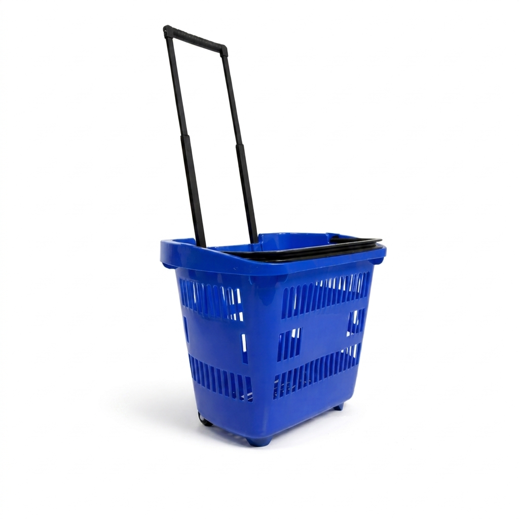 31L Blue Shopping Basket with Wheels & Telescopic Handle – Plastic Rolling Basket