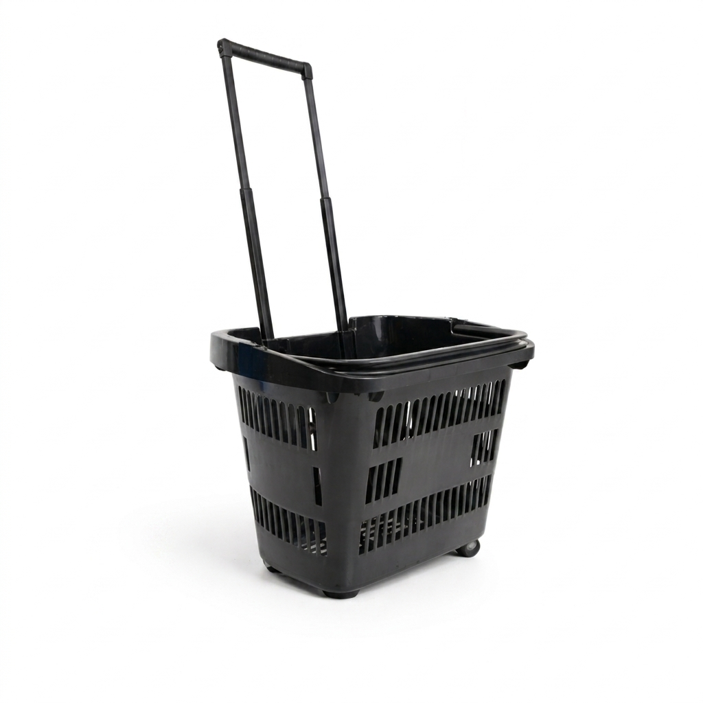 31L Black Shopping Basket with Wheels & Telescopic Handle – Plastic Rolling Basket