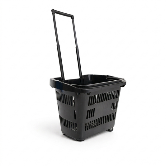 31L Black Shopping Basket with Wheels & Telescopic Handle – Plastic Rolling Basket
