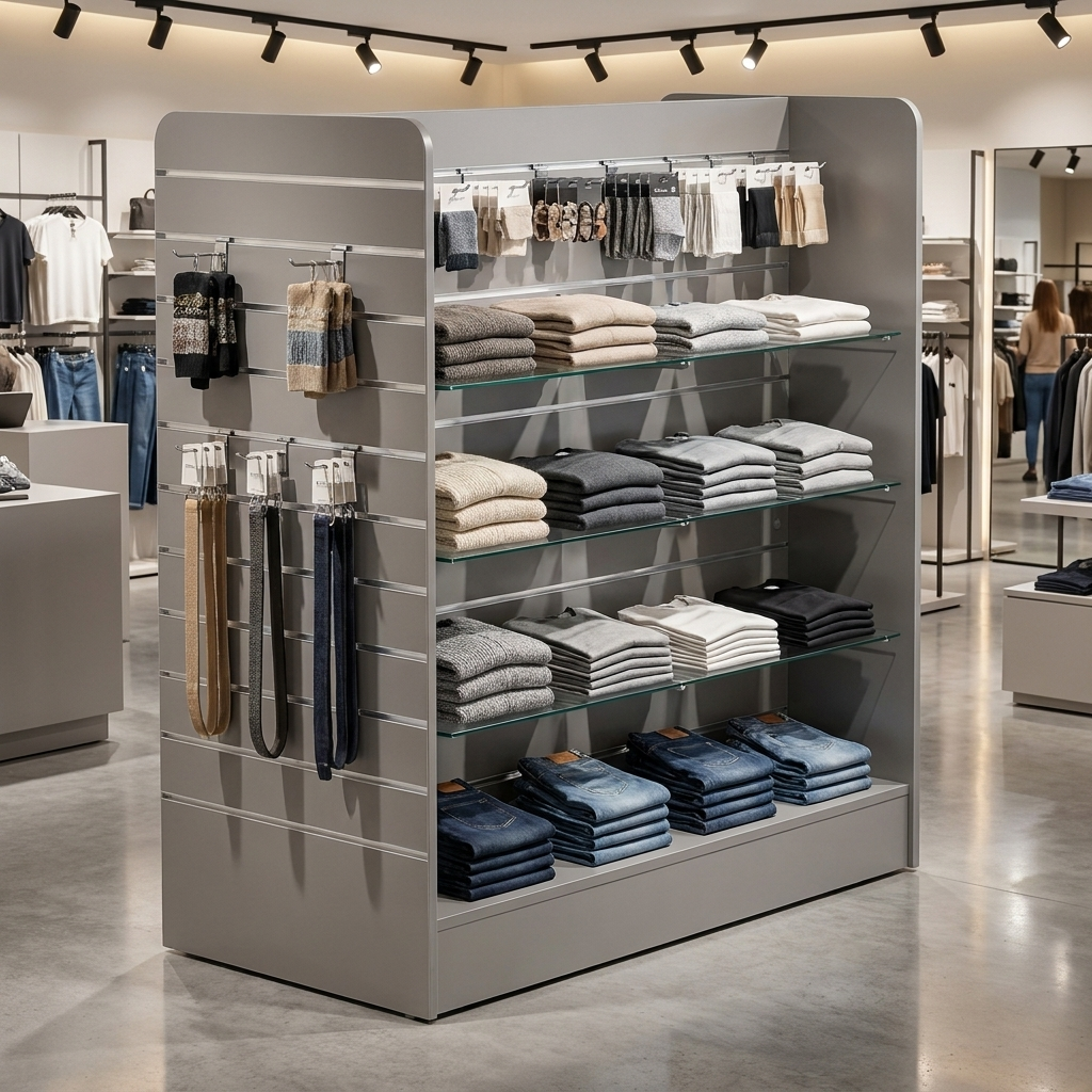 Grey H Shape Slatwall Gondola Display With Aluminium Inserts 4.32m²