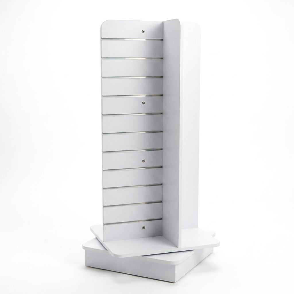 White 4-Way Rotated Slimline Slatwall Gondola with Aluminium Inserts – 1.68m² Display Area