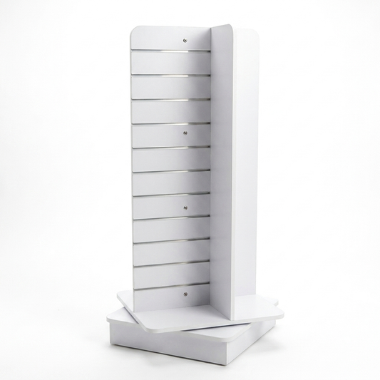 White 4-Way Rotated Slimline Slatwall Gondola with Aluminium Inserts – 1.68m² Display Area