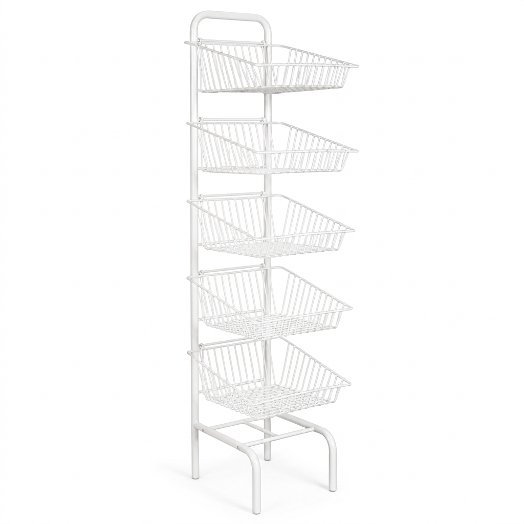 5 Tier Basket Stand White Shop Display for Bread, Snacks, Clothes or Toys