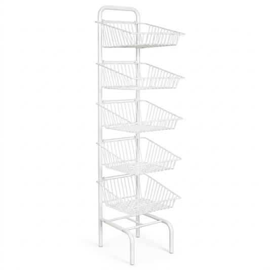 5 Tier Basket Stand White Shop Display for Bread, Snacks, Clothes or Toys