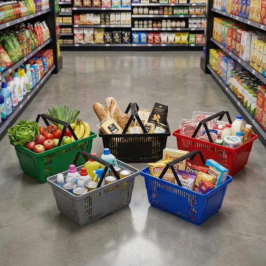 28 Litre Heavy Duty Retail Shopping Basket with Foldable Handles – Stackable HDPE Store Basket (5 Colours)