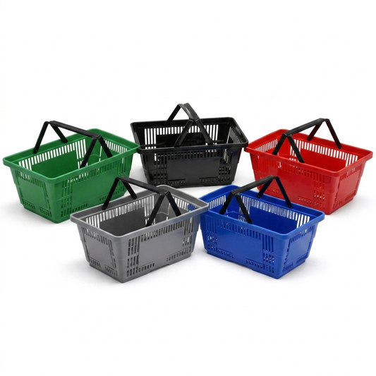 28 Litre Heavy Duty Retail Shopping Basket with Foldable Handles – Stackable HDPE Store Basket (5 Colours)