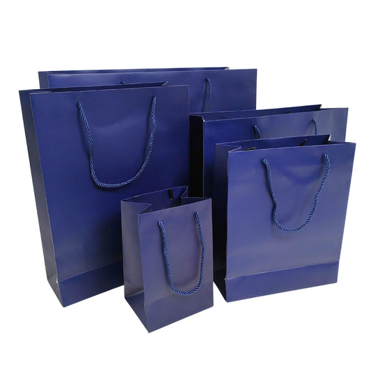 Blue Paper Carrier Bags with Rope Handles – Various Sizes and Matt Finishes