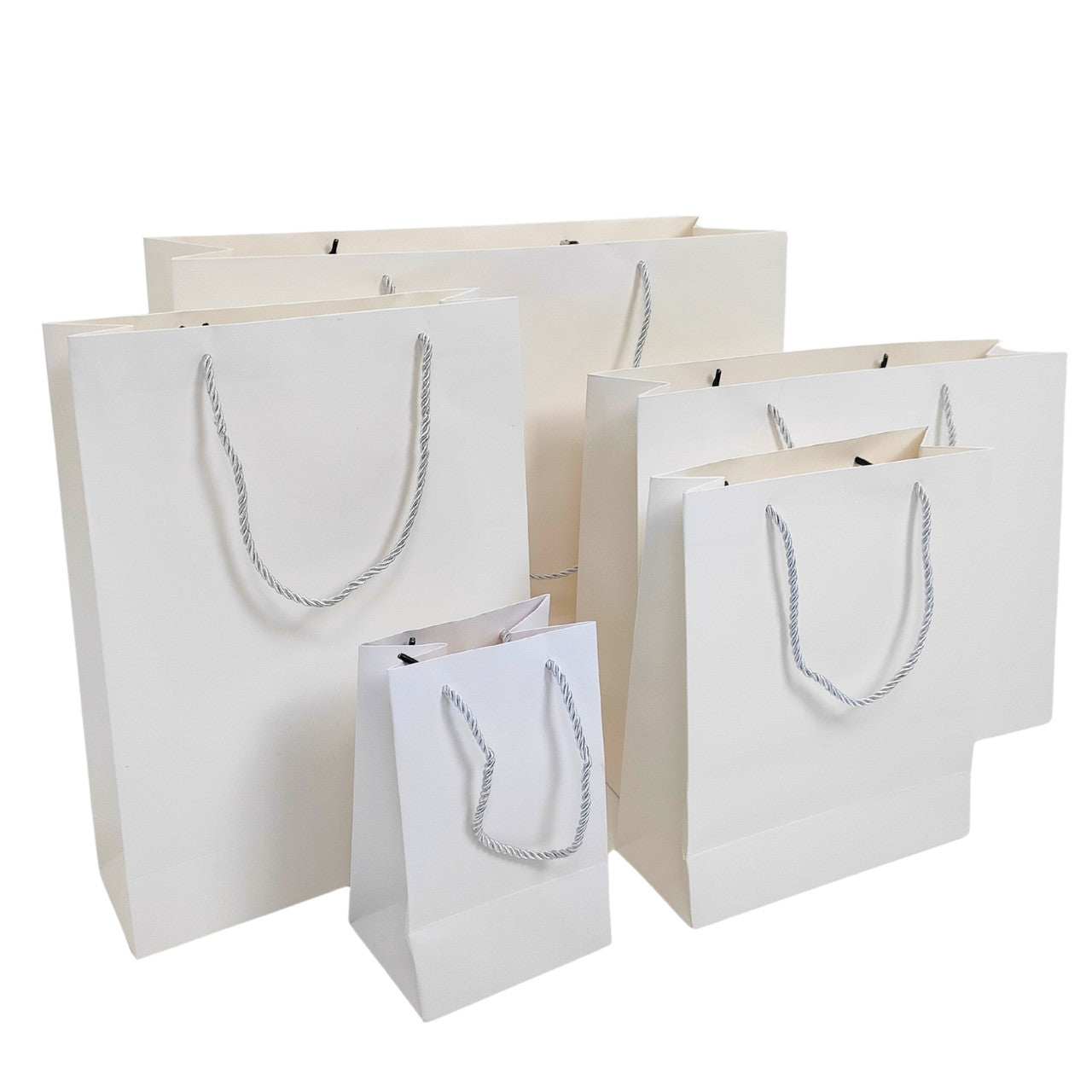 White Paper Carrier Bags with Rope Handles – Various Sizes and Matt Finishes