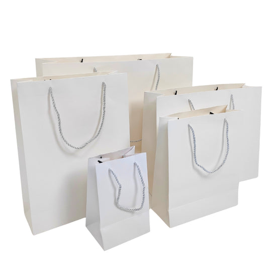 White Paper Carrier Bags with Rope Handles – Various Sizes and Matt Finishes