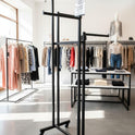 Heavy Duty 4-Way Straight Arm Clothing Rail – Adjustable Black Retail Display Stand  with Castors & Brakes