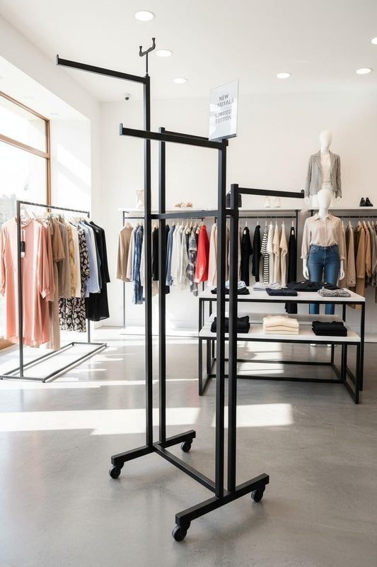 Heavy Duty 4-Way Straight Arm Clothing Rail – Adjustable Black Retail Display Stand  with Castors & Brakes