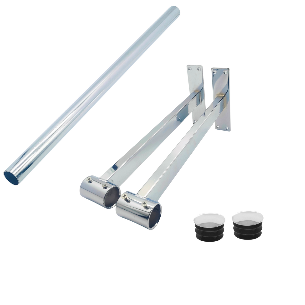 Super Heavy Duty Chrome Plated Wall Mounted Garment Clothes Rail Hanging Shop Display Tubing Rack Diameter Of Pole -2ft Long Pole +2 Brackets+2 Plastic End Caps-s