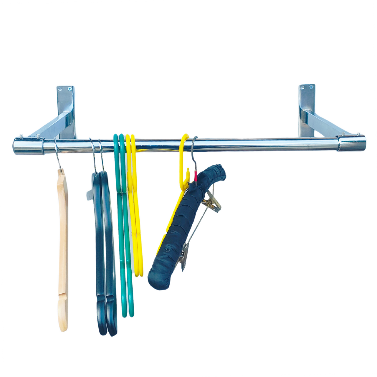 Super Heavy Duty Chrome Plated Wall Mounted Garment Clothes Rail Hanging Shop Display Tubing Rack Diameter Of Pole -5ft Long Pole +2 Brackets+2 Plastic End Caps-s