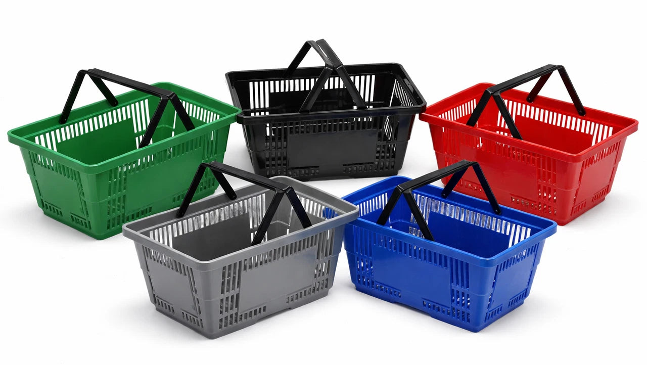 28L Plastic Shopping Basket with Handles – Durable Retail Carry Basket – Multiple Colours