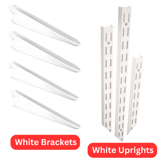 Twin Slot Shelving WHITE Uprights and Brackets Adjustable Strong Rack Wall Shelf